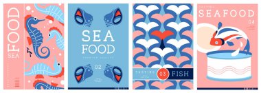 Düz modern dergi kapakları ya da deniz mahsullü posterler. Restoran deniz ürünleri menüsü tasarımı. Vektör illüstrasyonu