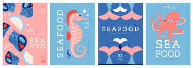 Düz modern dergi kapakları ya da deniz mahsullü posterler. Restoran deniz ürünleri menüsü tasarımı. Vektör illüstrasyonu