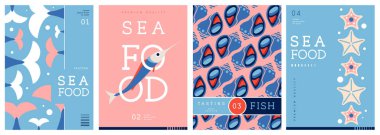 Düz modern dergi kapakları ya da deniz mahsullü posterler. Restoran deniz ürünleri menüsü tasarımı. Vektör illüstrasyonu