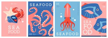 Düz modern dergi kapakları ya da deniz mahsullü posterler. Restoran deniz ürünleri menüsü tasarımı. Vektör illüstrasyonu