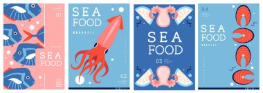 Düz modern dergi kapakları ya da deniz mahsullü posterler. Restoran deniz ürünleri menüsü tasarımı. Vektör illüstrasyonu