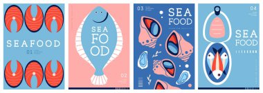 Düz modern dergi kapakları ya da deniz mahsullü posterler. Restoran deniz ürünleri menüsü tasarımı. Vektör illüstrasyonu