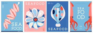 Düz modern dergi kapakları ya da deniz mahsullü posterler. Restoran deniz ürünleri menüsü tasarımı. Vektör illüstrasyonu