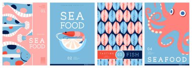 Düz modern dergi kapakları ya da deniz mahsullü posterler. Restoran deniz ürünleri menüsü tasarımı. Vektör illüstrasyonu