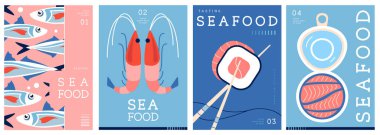 Düz modern dergi kapakları ya da deniz mahsullü posterler. Restoran deniz ürünleri menüsü tasarımı. Vektör illüstrasyonu