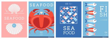 Düz modern dergi kapakları ya da deniz mahsullü posterler. Restoran deniz ürünleri menüsü tasarımı. Vektör illüstrasyonu
