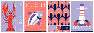 Düz modern dergi kapakları ya da deniz mahsullü posterler. Restoran deniz ürünleri menüsü tasarımı. Vektör illüstrasyonu
