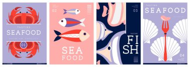 Düz modern dergi kapakları ya da deniz mahsullü posterler. Restoran deniz ürünleri menüsü tasarımı. Vektör illüstrasyonu