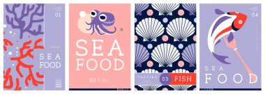 Düz modern dergi kapakları ya da deniz mahsullü posterler. Restoran deniz ürünleri menüsü tasarımı. Vektör illüstrasyonu