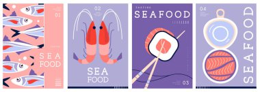 Düz modern dergi kapakları ya da deniz mahsullü posterler. Restoran deniz ürünleri menüsü tasarımı. Vektör illüstrasyonu