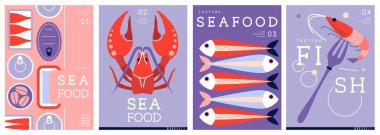 Düz modern dergi kapakları ya da deniz mahsullü posterler. Restoran deniz ürünleri menüsü tasarımı. Vektör illüstrasyonu