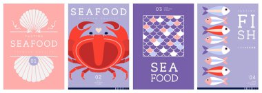 Düz modern dergi kapakları ya da deniz mahsullü posterler. Restoran deniz ürünleri menüsü tasarımı. Vektör illüstrasyonu