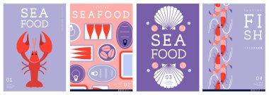 Düz modern dergi kapakları ya da deniz mahsullü posterler. Restoran deniz ürünleri menüsü tasarımı. Vektör illüstrasyonu