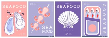 Düz modern dergi kapakları ya da deniz mahsullü posterler. Restoran deniz ürünleri menüsü tasarımı. Vektör illüstrasyonu