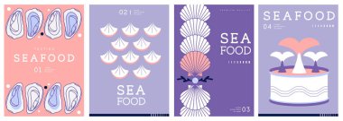 Düz modern dergi kapakları ya da deniz mahsullü posterler. Restoran deniz ürünleri menüsü tasarımı. Vektör illüstrasyonu