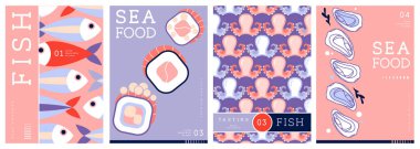 Düz modern dergi kapakları ya da deniz mahsullü posterler. Restoran deniz ürünleri menüsü tasarımı. Vektör illüstrasyonu