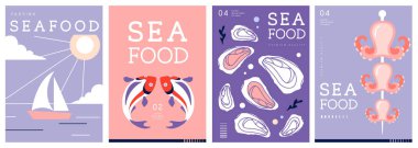Düz modern dergi kapakları ya da deniz mahsullü posterler. Restoran deniz ürünleri menüsü tasarımı. Vektör illüstrasyonu