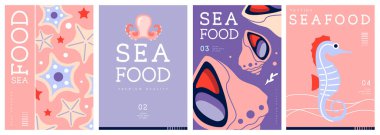 Düz modern dergi kapakları ya da deniz mahsullü posterler. Restoran deniz ürünleri menüsü tasarımı. Vektör illüstrasyonu
