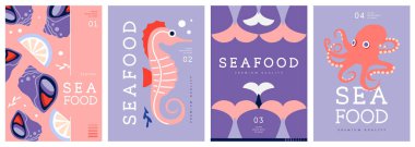 Düz modern dergi kapakları ya da deniz mahsullü posterler. Restoran deniz ürünleri menüsü tasarımı. Vektör illüstrasyonu