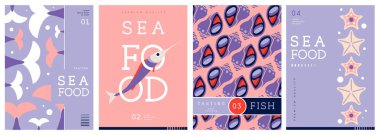 Düz modern dergi kapakları ya da deniz mahsullü posterler. Restoran deniz ürünleri menüsü tasarımı. Vektör illüstrasyonu