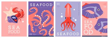 Düz modern dergi kapakları ya da deniz mahsullü posterler. Restoran deniz ürünleri menüsü tasarımı. Vektör illüstrasyonu