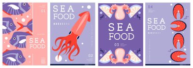 Düz modern dergi kapakları ya da deniz mahsullü posterler. Restoran deniz ürünleri menüsü tasarımı. Vektör illüstrasyonu