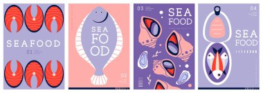 Düz modern dergi kapakları ya da deniz mahsullü posterler. Restoran deniz ürünleri menüsü tasarımı. Vektör illüstrasyonu