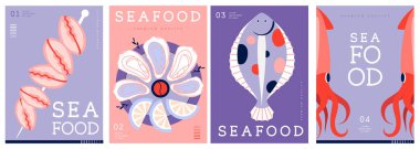 Düz modern dergi kapakları ya da deniz mahsullü posterler. Restoran deniz ürünleri menüsü tasarımı. Vektör illüstrasyonu