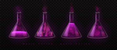 Siyah arka planda izole edilmiş mor iksir ve dumanlı cam tüpleri ölçen gizemli sihirli laboratuvar şişeleri ya da kimya seti. Vektör illüstrasyonu