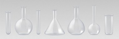 Şeffaf arkaplanda izole edilmiş boş laboratuvar tüpleri ya da kimya ölçüm tüpleri seti. Vektör illüstrasyonu