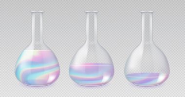 Şeffaf arka planda izole edilmiş holografik sıvı içeren cam tüpleri ölçen laboratuvar mataraları ya da kimya setleri. Vektör illüstrasyonu