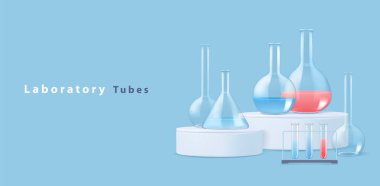 Mavi arka planda izole edilmiş renk reaksiyonlu cam tüplü laboratuvar tüpleri ya da kimya setleri. Vektör illüstrasyonu