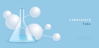 Laboratuvar şişesi ya da kimya ölçüm tüpü. Renk ayıracı ve mavi arka planda beyaz moleküller. Vektör illüstrasyonu