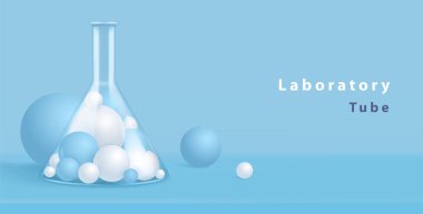 Mavi zemin üzerinde beyaz ve mavi molekülleri veya küreleri olan cam tüpleri ölçen laboratuvar şişesi ya da kimya. Vektör illüstrasyonu