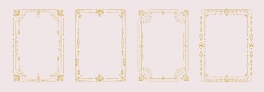 Beyaz zemin üzerinde kristaller, elmaslar, değerli taşlar, yıldızlar, güneş ve ay olan modern büyü astroloji çerçeveleri. Çizgi sanatı okült vektör çizimi