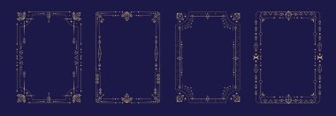 Mavi zemin üzerinde kristaller, elmaslar, değerli taşlar, yıldızlar, güneş ve ay olan modern büyü astroloji çerçeveleri. Çizgi sanatı okült vektör çizimi