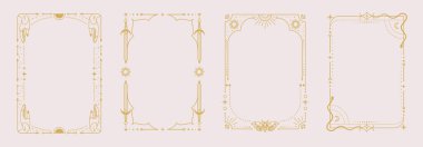 Kılıçlarla, ellerle, yılanlarla, kelebeklerle, yıldızlarla, güneşle ve beyazla kaplı bir dizi modern büyü astrolojisi çerçevesi. Çizgi sanatı okült vektör çizimi