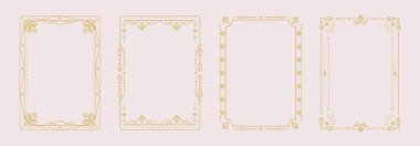 Beyaz zemin üzerinde kristaller, elmaslar, değerli taşlar, yıldızlar, güneş ve ay olan modern büyü astroloji çerçeveleri. Çizgi sanatı okült vektör çizimi