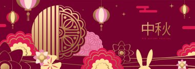 Sonbahar ortası festival afişi ya da içinde tavşan, ay pastası, ay, çiçek, fener ve nilüfer bulunan poster. Vektör illüstrasyonu