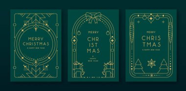 Modern Noel çerçeveleri ya da zümrüt yeşili arka planda tatil tebrik kartları. Çizgi sanat vektörü illüstrasyonu