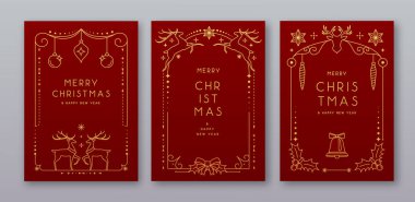 Modern Noel çerçeveleri ya da kırmızı arka planda tatil tebrik kartları. Çizgi sanat vektörü illüstrasyonu