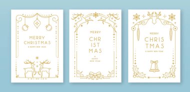 Modern Noel çerçeveleri ya da beyaz arka planda tatil tebrik kartları. Çizgi sanat vektörü illüstrasyonu