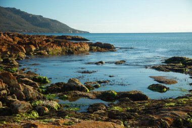 Coles Bay 'deki kayaların üzerindeki güzel renkler ve Tazmanya, Avustralya' daki Freycinet Ulusal Parkı manzarası.