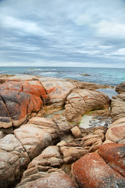 Prachtig Landschap Aan Vuurbaai Tasmanië Stenen Zijn Oranje Oceaan Turkoois — Stockfoto