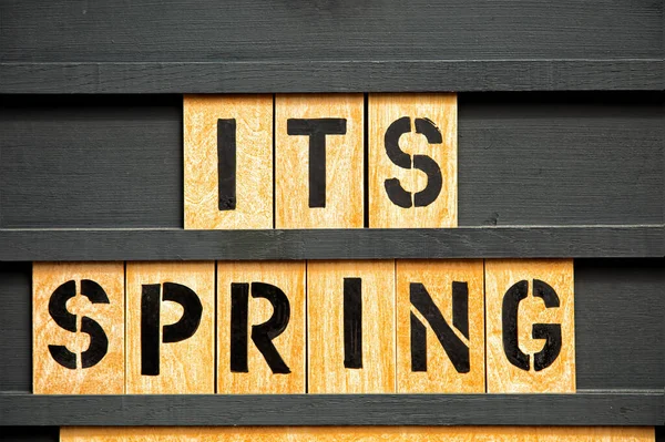 Its Spring Black Hand Lettering Typographic Design Dark Grey Wooden — Stock Photo, Image