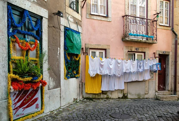 White Clothes Clothesline Alfama Old Town Lisbon — Stock Photo, Image