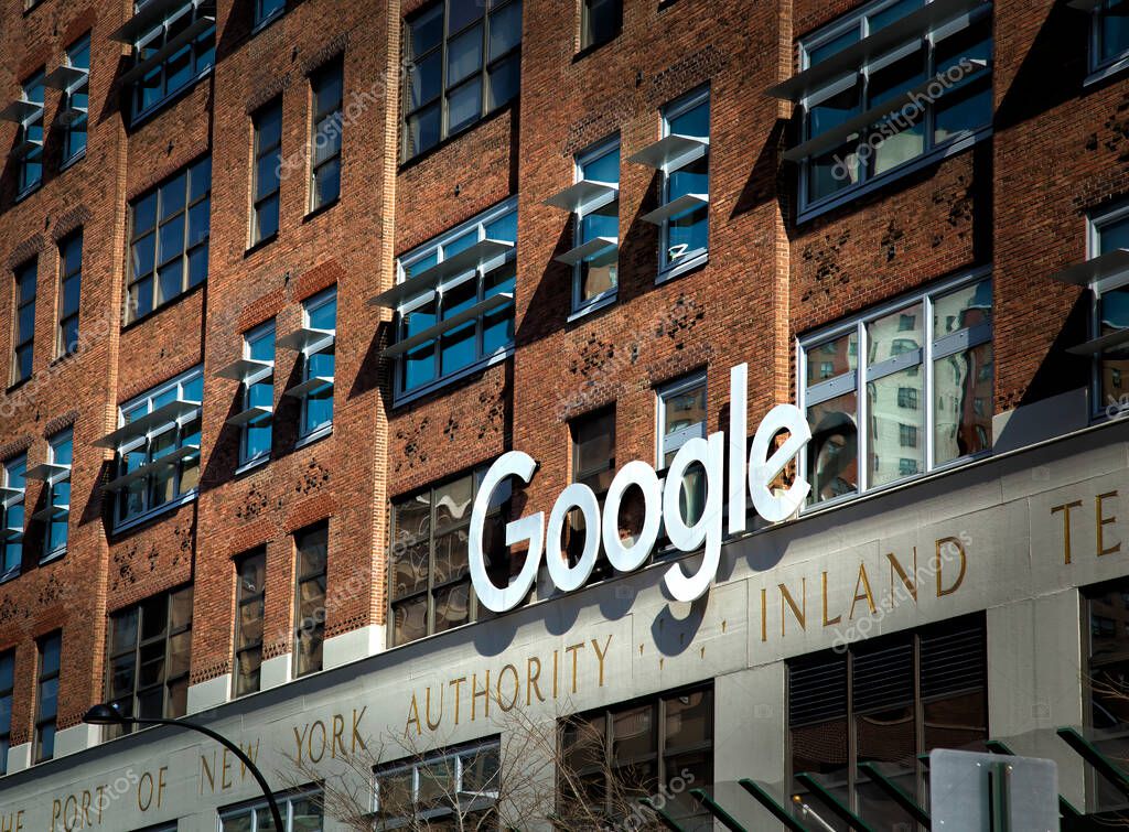 NEW YORK-USA, march 21, 2017: Google sign in front of the Google building, 111 Eighth Avenue and is the property with the highest-listed market value in the city, at $1
