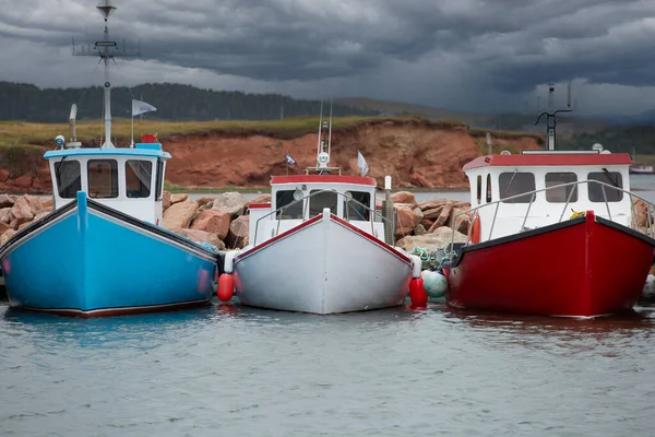 Blue White Red Fishing Boats Moored Pier Havre Aubert Quebec — Stock Photo, Image
