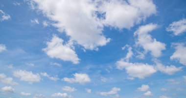  Açık mavi gökyüzü ve bulutların panoramik görüntüsü, arka planda bulutlar.