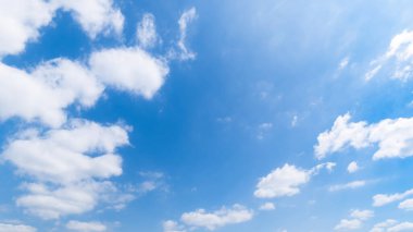 Panoramic view of clear blue sky and clouds, Blue sky background with tiny clouds. White fluffy clouds in the blue sky.